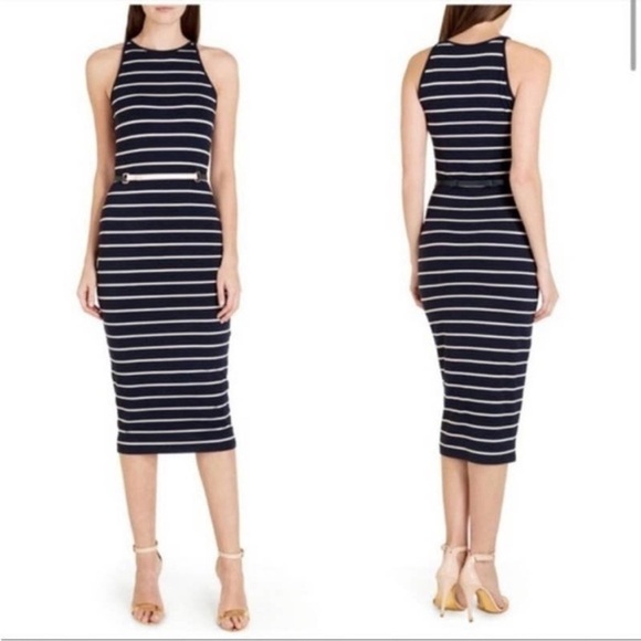 TED BAKER London Linn Striped Jersey Knit Bodycon Midi Tank Dress Black/White - Picture 1 of 9